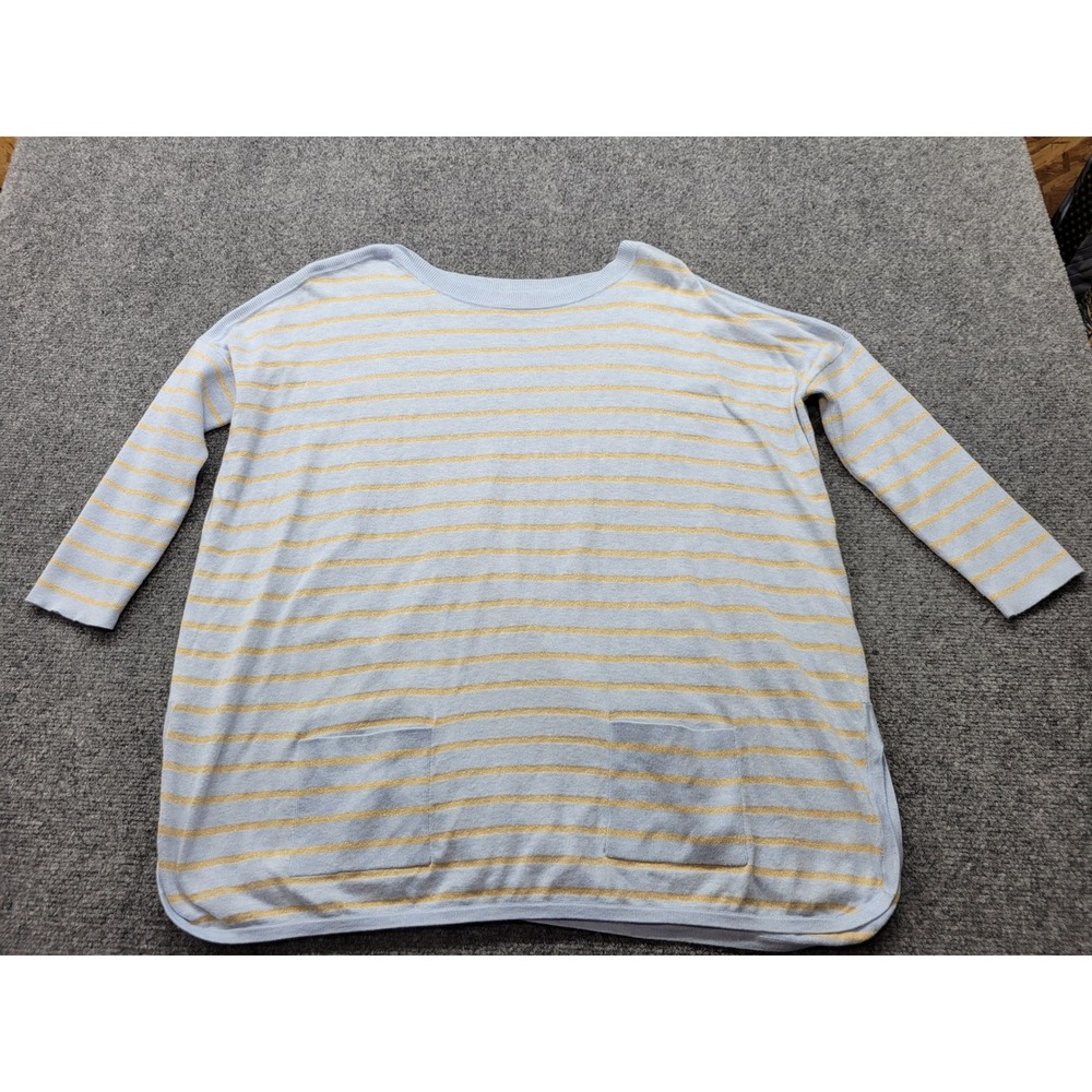 Lilly Pulitzer Blue Gold Metallic Striped Coolmax Sweater Womens Small Pockets